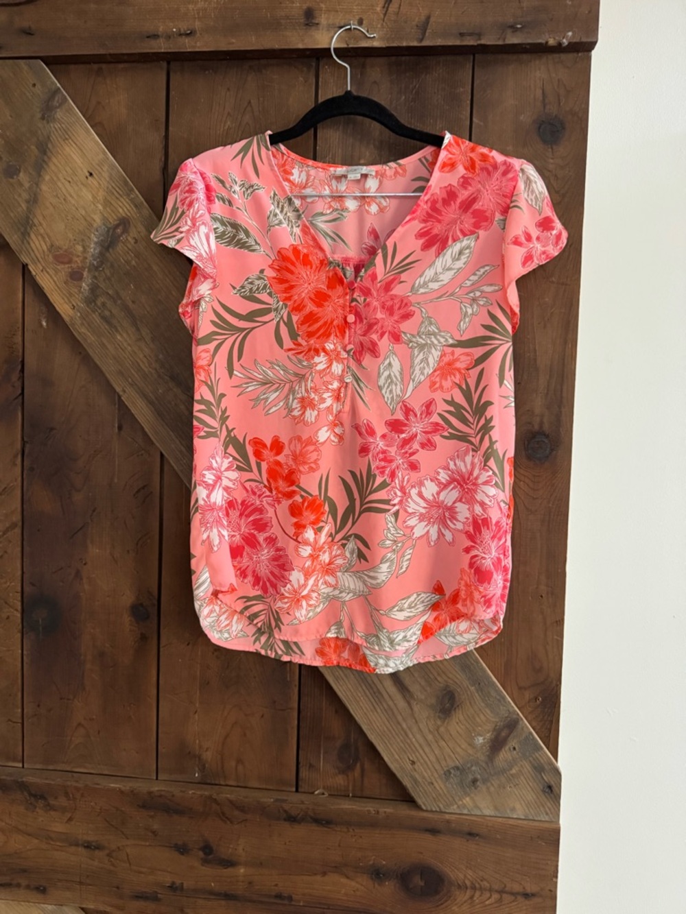 LOFT Coral Pink Floral V-Neck Short Sleeve Blouse - Picture 3 of 3
